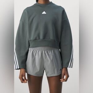 adidas Dark Olive Cropped Crewneck with White Sleeve Stripes